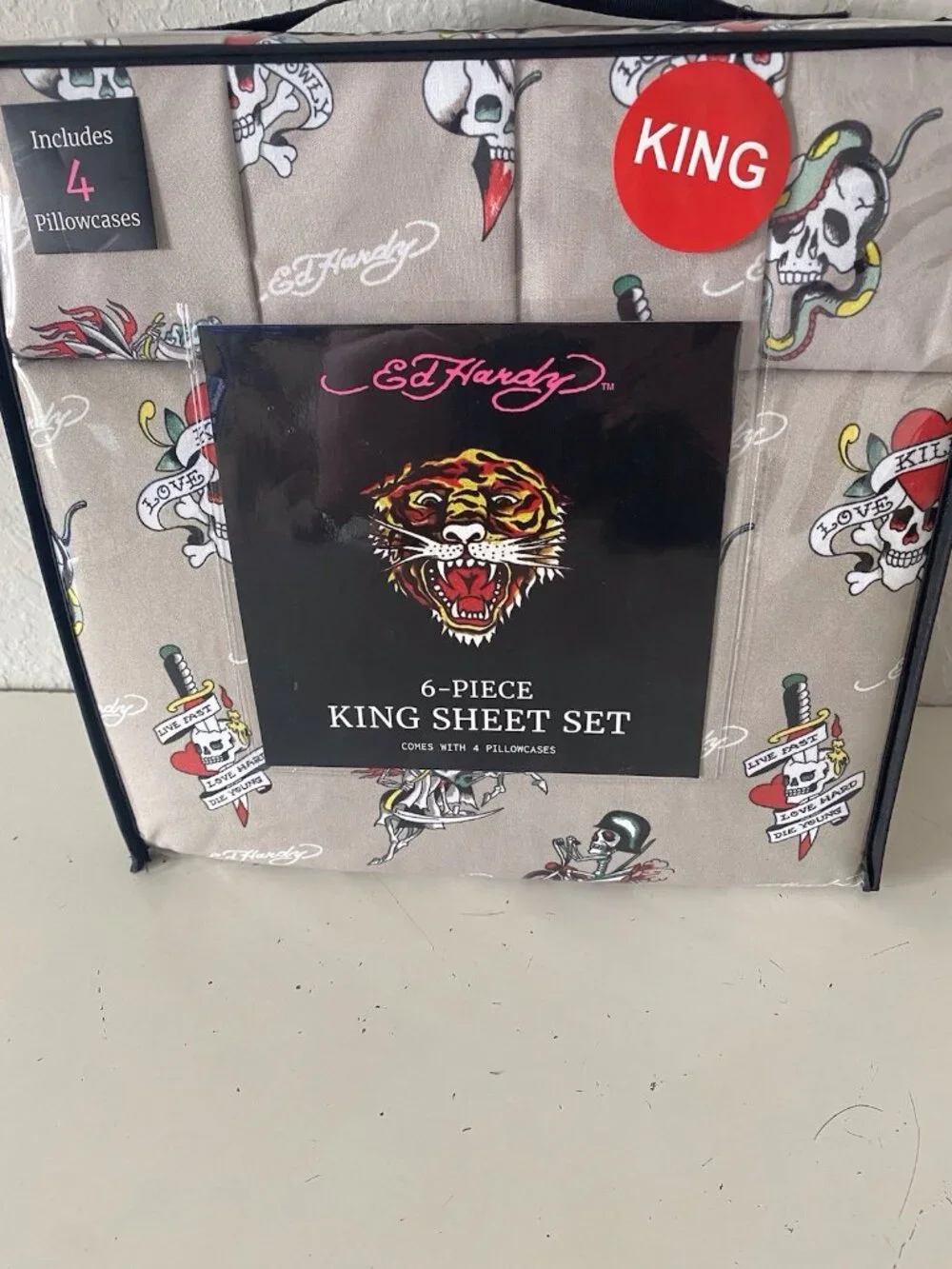 6 Piece Ed Hardy KING Size Sheet Set Logo Skulls Snake Hearts Roses Khaki NEW